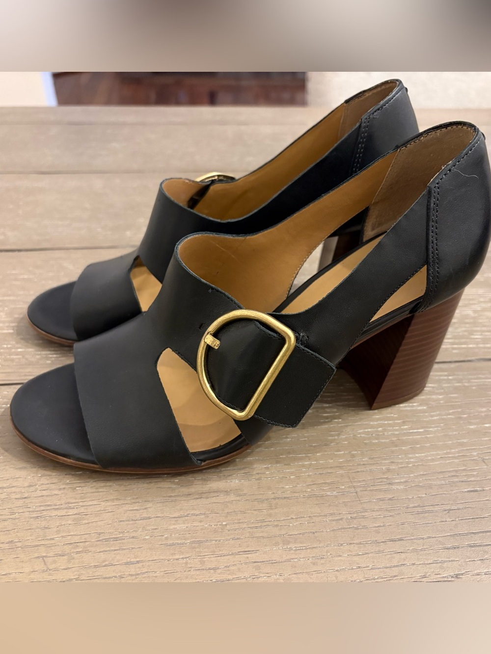 Franco Sarto Black Leather Open-Toe Block Heels with Gold Buckle